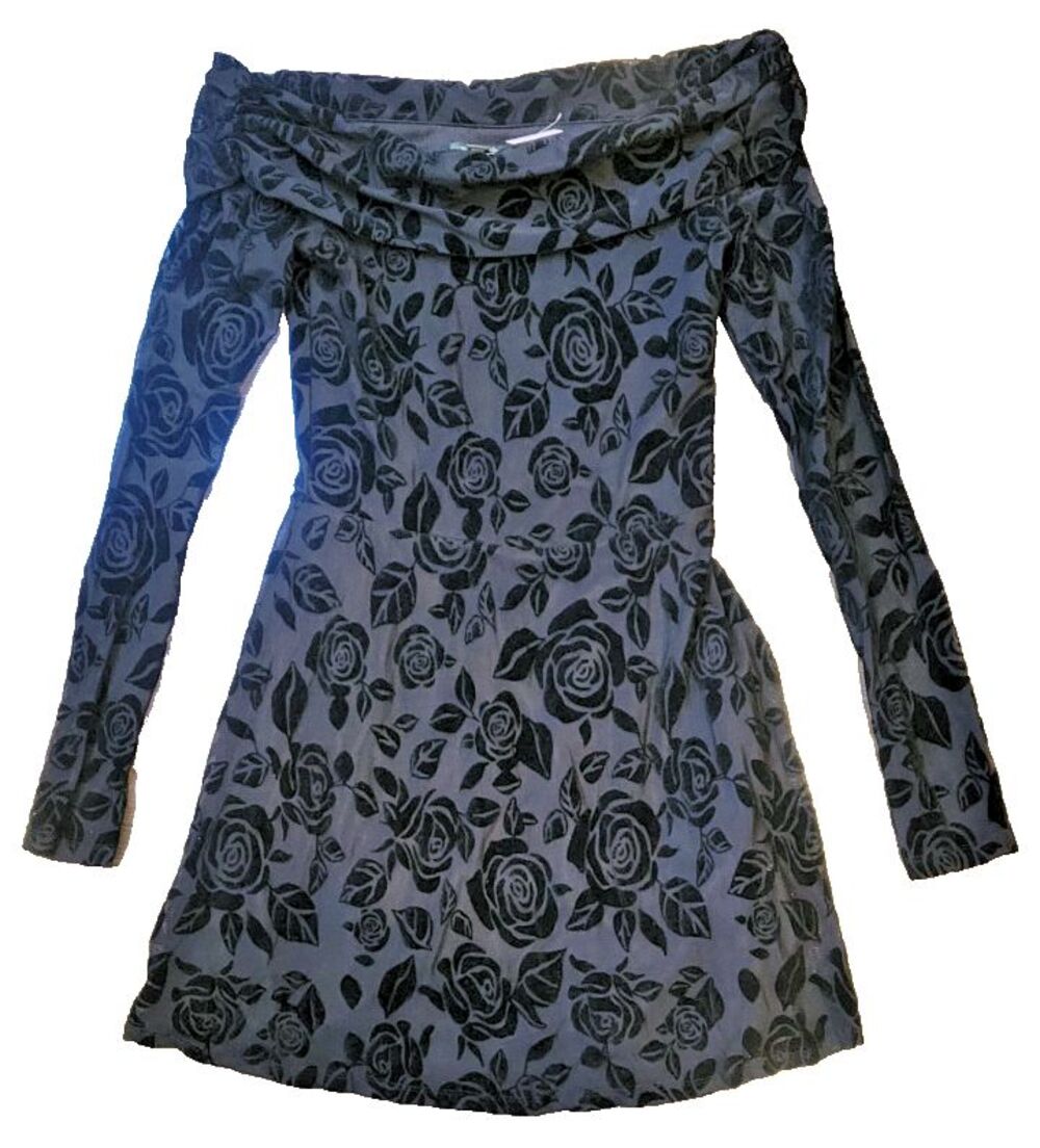 Mini Dress XS Black Velvet Floral Off Shoulder Flocked Burnout Party Whimsigoth